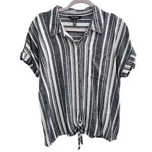 Ellen Tracy tie front LINEN Shirt top Large Blue White marines Stripes beach